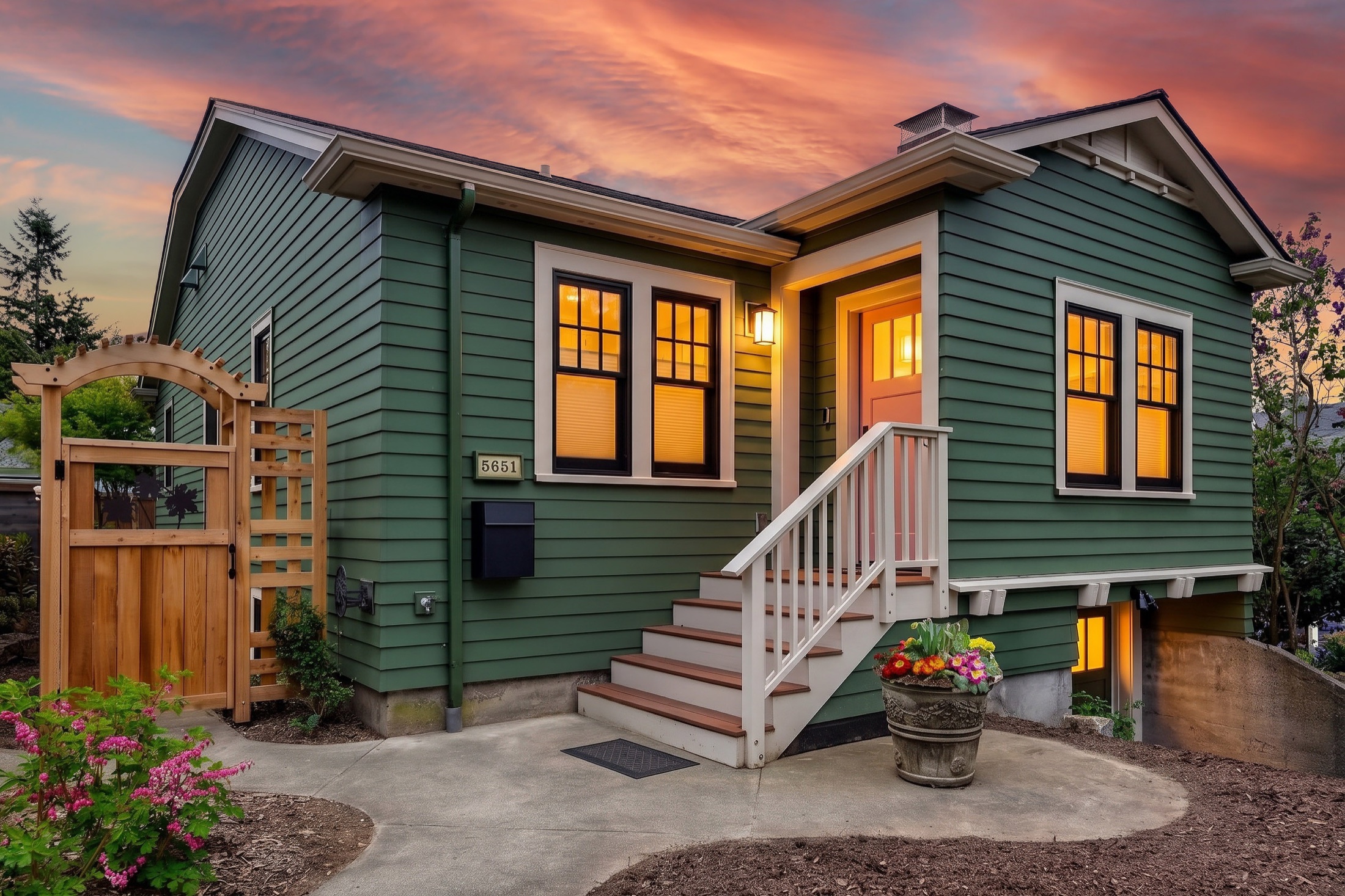 Tangletown home exterior with green siding and illuminated windows at sunset