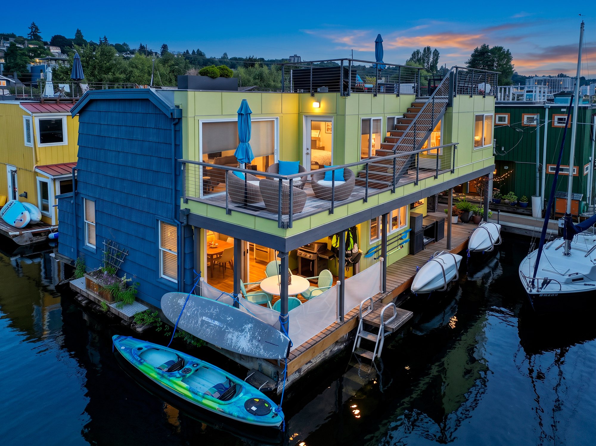 Aerial twilight view of the Floating Home and its decks
