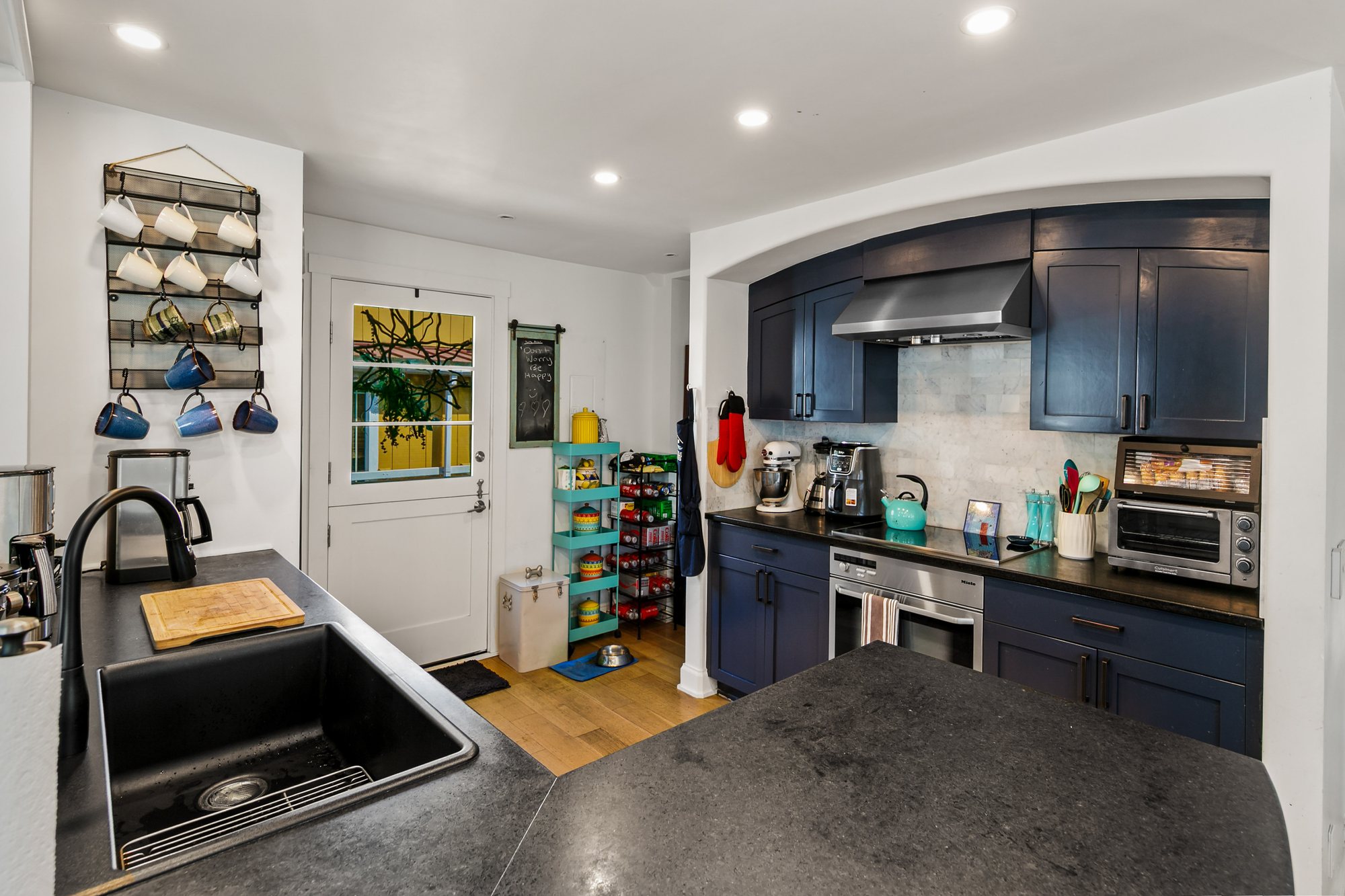 Floating Home kitchen with durable dark counters