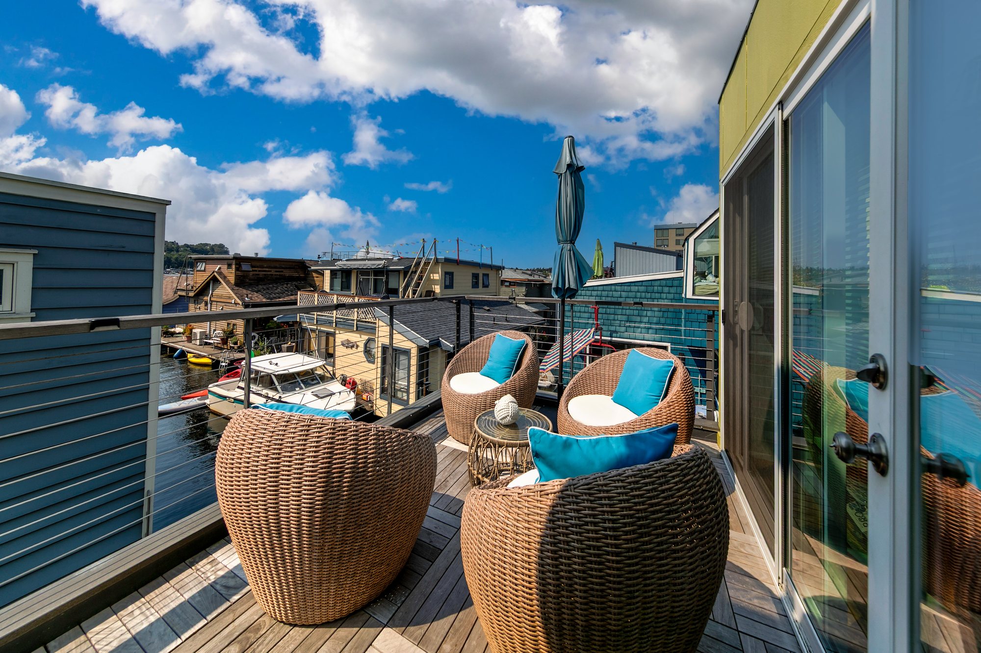 Outdoor deck beside large sliding glass doors