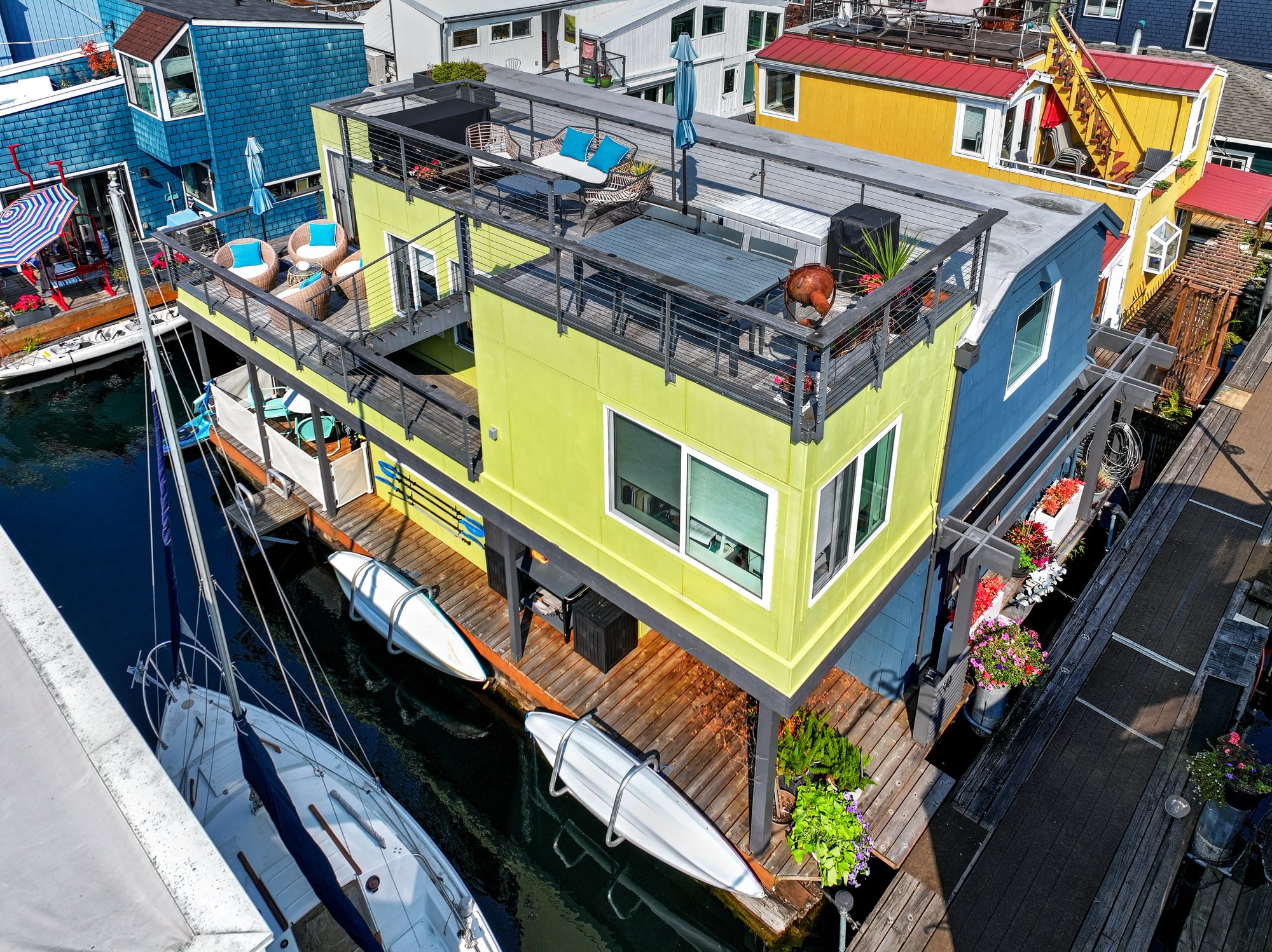 Daytime aerial view of the Floating Home and rooftop deck