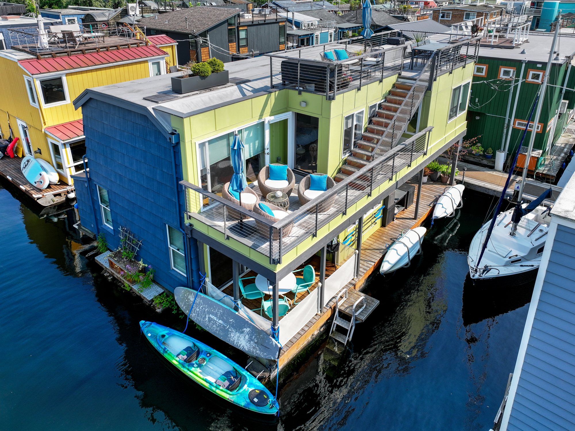 Aerial view of the Floating Home within its Eastlake community