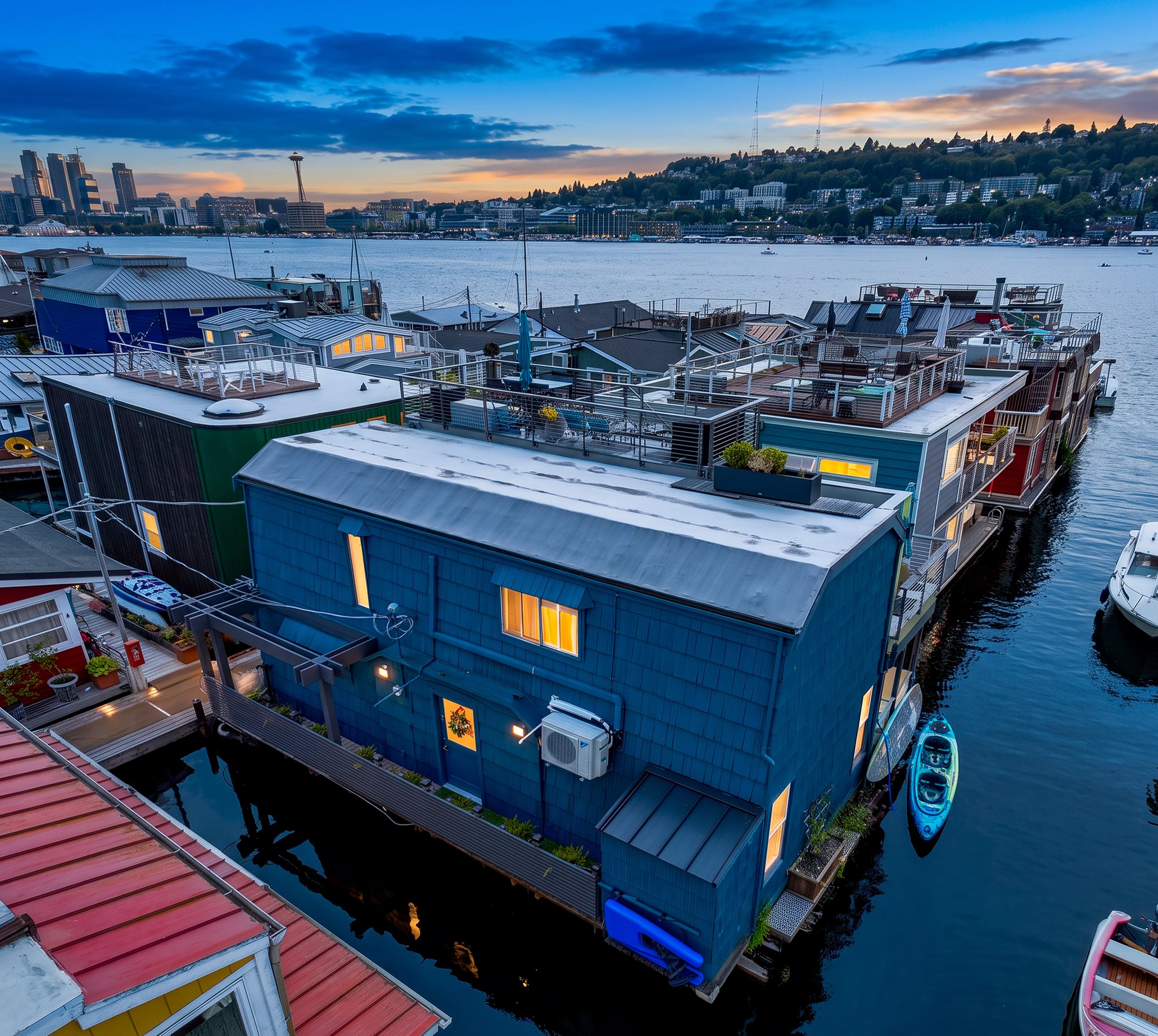 Twilight aerial view of the Floating Home from the water