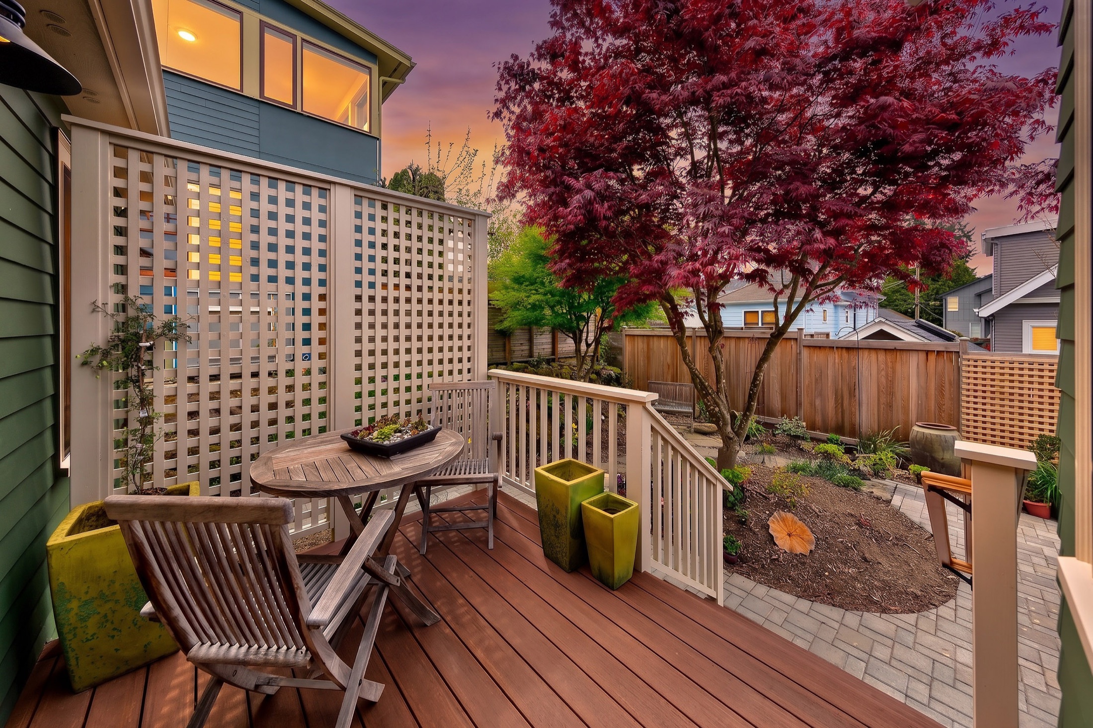Wood deck and trellis beside the Tangletown addition