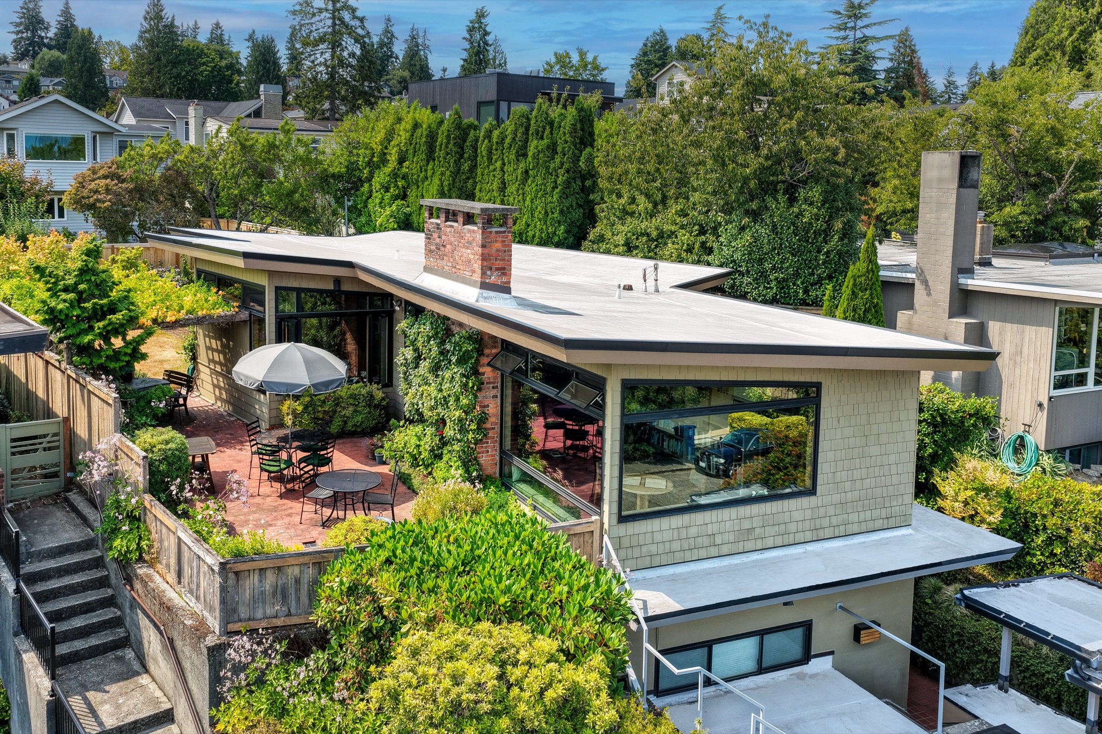Aerial view of the View Ridge mid-century modern home and terrace